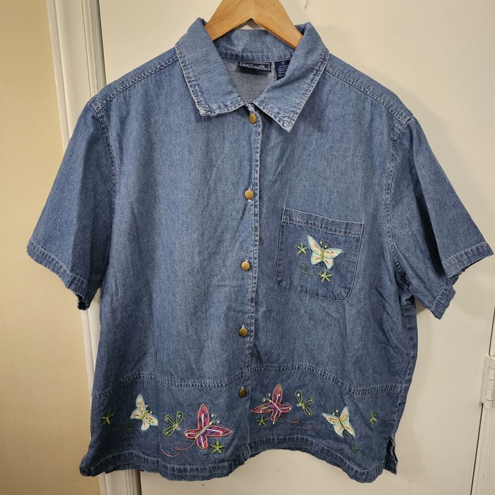 Jane Ashley Denim Cropped Butterfly Beaded Top Womens 1X Retro Casual Momcore
